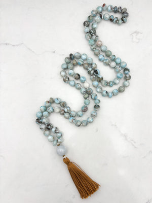 larimar gemstone malas wtih jade guru bead and rust colored tassel | radiant malas | handmade in boulder, colorado