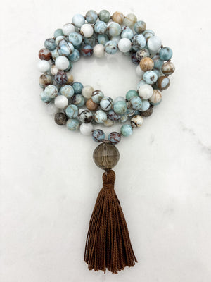 larimar gemstone mala with smoky quartz guru bead and brown tassel | radiant malas | handmade in boulder, colorado