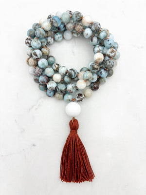 larimar gemstone mala with white agate guru bead and rust tassel | radiant malas | handmade in boulder, colorado