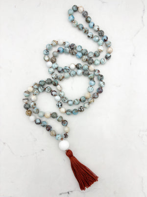larimar gemstone mala with white agate guru bead and rust tassel | radiant malas | handmade in boulder, colorado