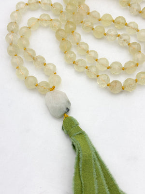 lemon quartz gemstone mala with aquamarine guru bead and green silk tassel | radiant malas | handmade in boulder, colorado