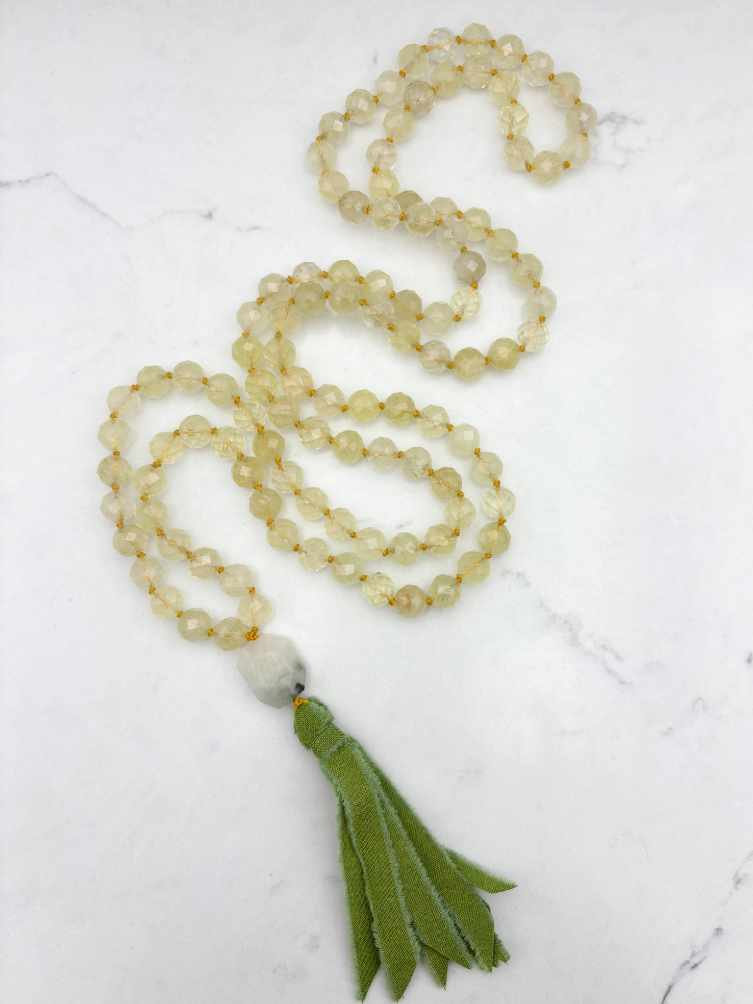 lemon quartz gemstone mala with aquamarine guru bead and green silk tassel | radiant malas | handmade in boulder, colorado