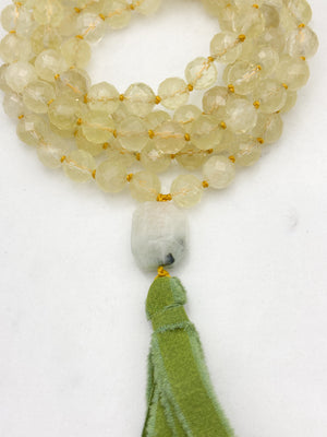 lemon quartz gemstone mala with aquamarine guru bead and green silk tassel | radiant malas | handmade in boulder, colorado