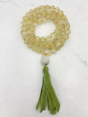 lemon quartz gemstone mala with aquamarine guru bead and green silk tassel | radiant malas | handmade in boulder, colorado