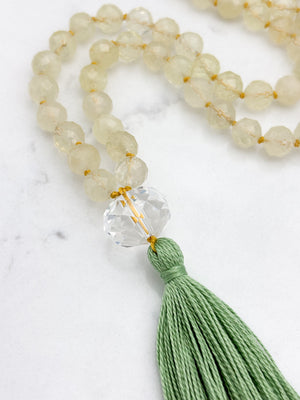 lemon quartz gemstone mala with rock quartz guru bead and green tassel | radiant malas | handmade in boulder, colorado
