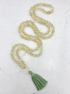 lemon quartz gemstone mala with rock quartz guru bead and green tassel | radiant malas | handmade in boulder, colorado