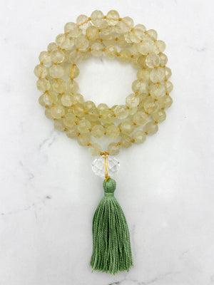 lemon quartz gemstone mala with rock quartz guru bead and green tassel | radiant malas | handmade in boulder, colorado