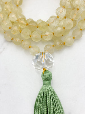 lemon quartz gemstone mala with rock quartz guru bead and green tassel | radiant malas | handmade in boulder, colorado