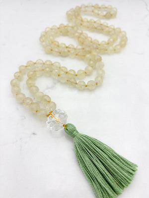 lemon quartz gemstone mala with rock quartz guru bead and green tassel | radiant malas | handmade in boulder, colorado