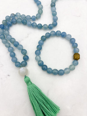 lemurian aquatine calcite gemstone mala with moonstone guru bead and green tassel and bracelet | radiant malas | handmade in boulder, colorado