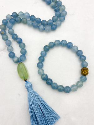 lemurian aquatine calcite gemstone mala with fluorite guru bead and blue tassel and  bracelet | radiant malas | handmade in boulder, colorado