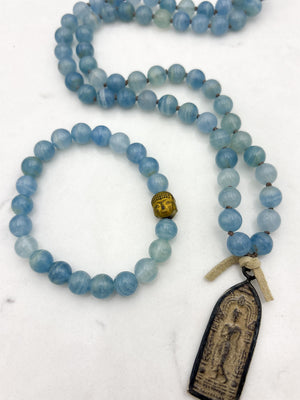 lemurian aquatine calcite gemstone mala with vintage brass pendant and bracelet | radiant malas | handmade in boulder, colorado