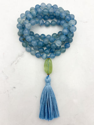 lemurian aquatine calcite gemstone mala with fluorite guru bead and blue tassel | radiant malas | handmade in boulder, colorado