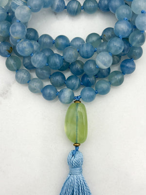 lemurian aquatine calcite gemstone mala with fluorite guru bead and blue tassel | radiant malas | handmade in boulder, colorado
