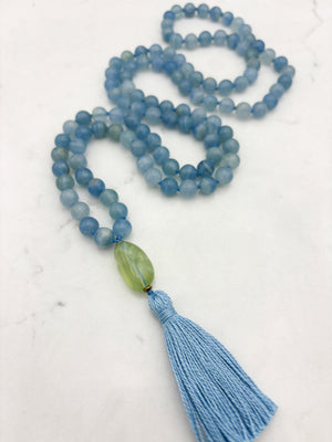 lemurian aquatine calcite gemstone mala with fluorite guru bead and blue tassel | radiant malas | handmade in boulder, colorado