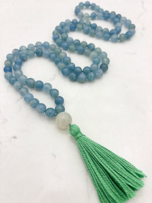 lemurian aquatine calcite gemstone mala with moonstone guru bead and green tassel | radiant malas | handmade in boulder, colorado