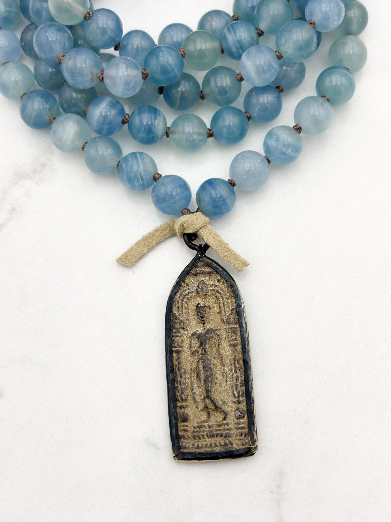 lemurian aquatine calcite gemstone mala with vintage brass pendant | radiant malas | handmade in boulder, colorado