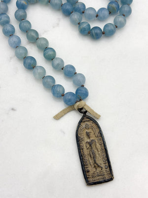 lemurian aquatine calcite gemstone mala with vintage brass pendant | radiant malas | handmade in boulder, colorado
