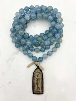 lemurian aquatine calcite gemstone mala with vintage brass pendant | radiant malas | handmade in boulder, colorado