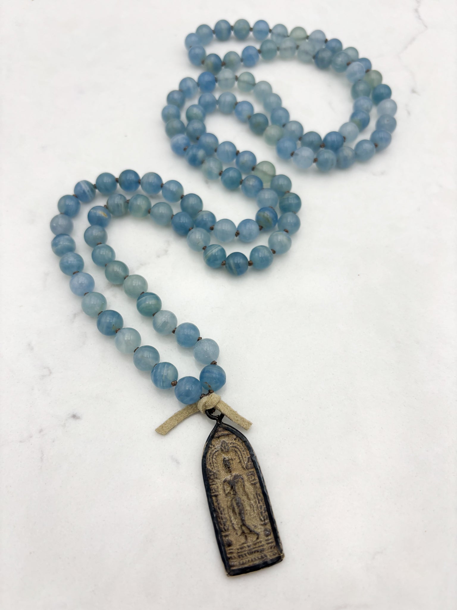 lemurian aquatine calcite gemstone mala with vintage brass pendant | radiant malas | handmade in boulder, colorado