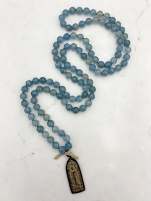 lemurian aquatine calcite gemstone mala with vintage brass pendant | radiant malas | handmade in boulder, colorado
