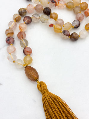 lepidochrosite gemstone mala with carnelian guru bead and ochre tassel | radiant malas | handmade in boulder, colorado