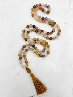 lepidochrosite gemstone mala with carnelian guru bead and ochre tassel | radiant malas | handmade in boulder, colorado