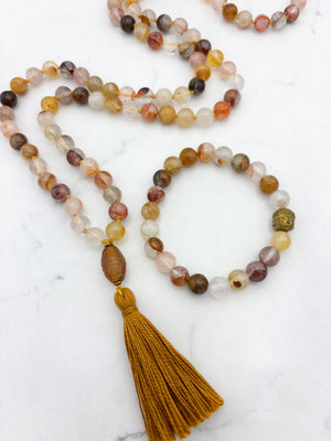 lepidochrosite gemstone mala with carnelian guru bead and ochre tassel | radiant malas | handmade in boulder, colorado