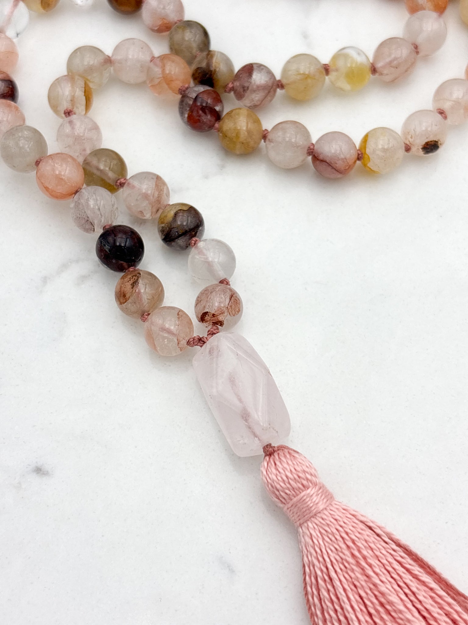 lepidochrosite gemstone mala with rose quartz guru bead and pink tassel | radiant malas | handmade in boulder, colorado