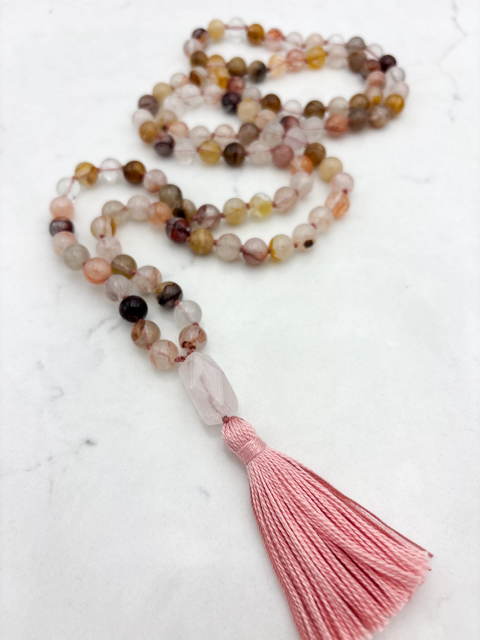 lepidochrosite gemstone mala with rose quartz guru bead and pink tassel | radiant malas | handmade in boulder, colorado