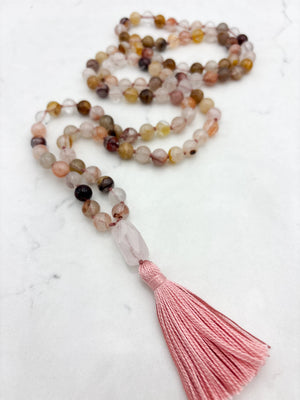 lepidochrosite gemstone mala with rose quartz guru bead and pink tassel | radiant malas | handmade in boulder, colorado