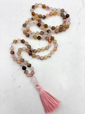 lepidochrosite gemstone mala with rose quartz guru bead and pink tassel | radiant malas | handmade in boulder, colorado