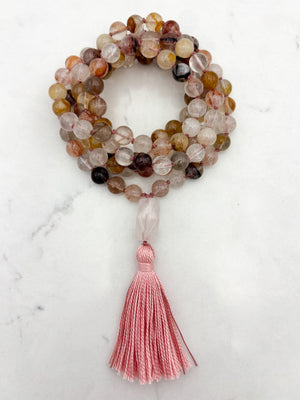lepidochrosite gemstone mala with rose quartz guru bead and pink tassel | radiant malas | handmade in boulder, colorado