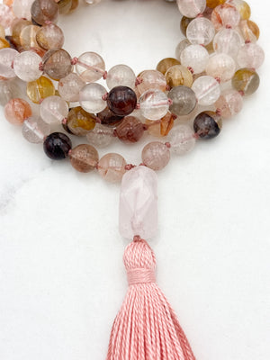 lepidochrosite gemstone mala with rose quartz guru bead and pink tassel | radiant malas | handmade in boulder, colorado