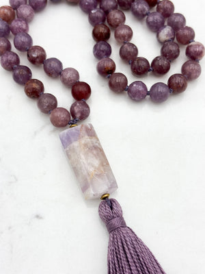 lepidolite gemstone mala necklace with amethyst guru bead and purple tassel | radiant malas | handmade in boulder, colorado