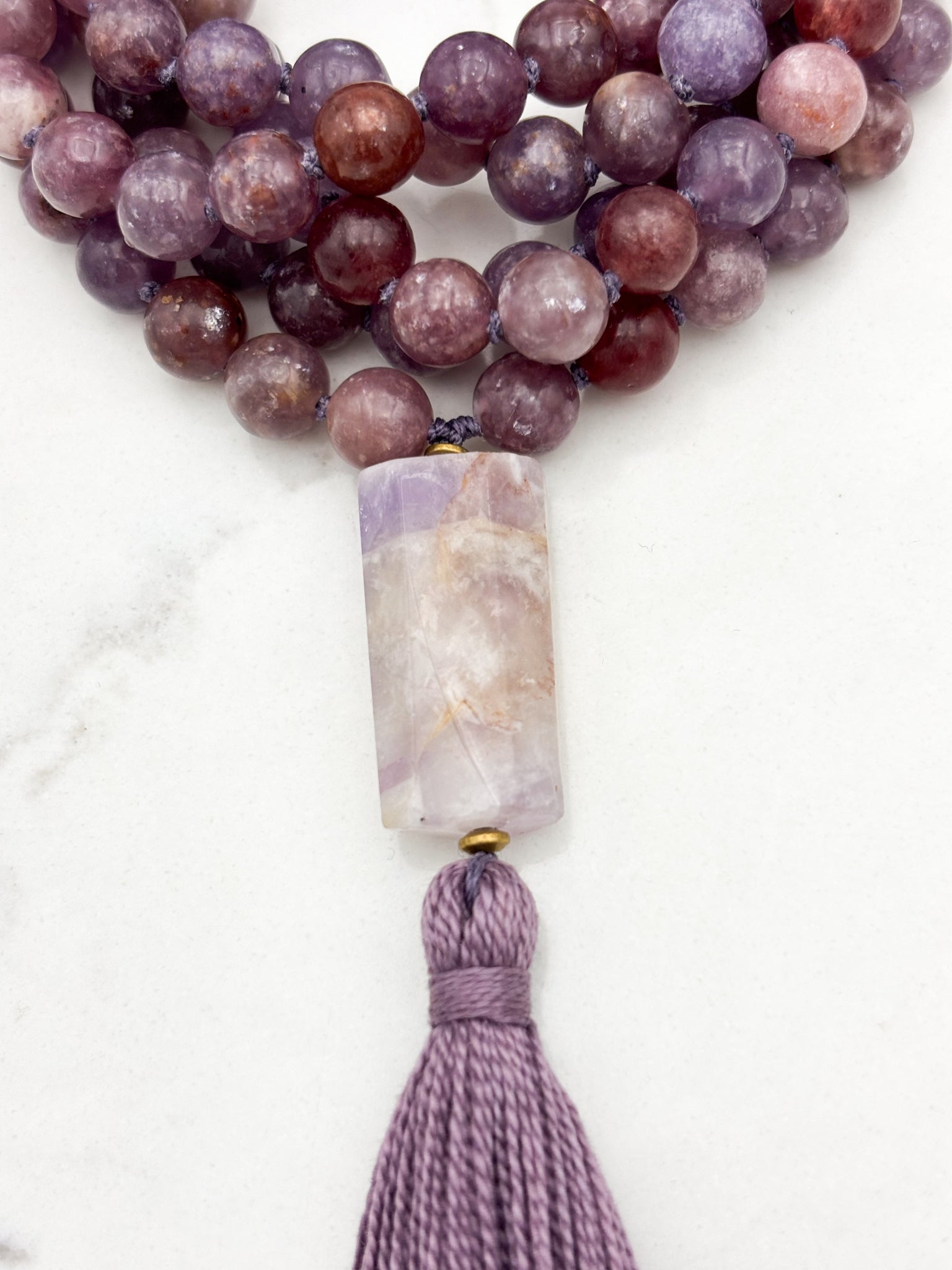 lepidolite gemstone mala necklace with amethyst guru bead and purple tassel | radiant malas | handmade in boulder, colorado