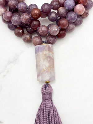 lepidolite gemstone mala necklace with amethyst guru bead and purple tassel | radiant malas | handmade in boulder, colorado