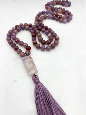 lepidolite gemstone mala necklace with amethyst guru bead and purple tassel | radiant malas | handmade in boulder, colorado