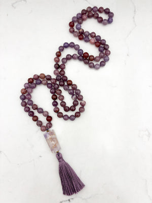lepidolite gemstone mala necklace with amethyst guru bead and purple tassel | radiant malas | handmade in boulder, colorado