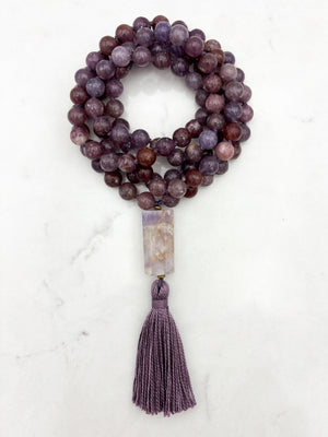 lepidolite gemstone mala necklace with amethyst guru bead and purple tassel | radiant malas | handmade in boulder, colorado