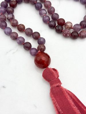 lepidolite gemstone mala necklace with carnelian guru bead and red silk  tassel | radiant malas | handmade in boulder, colorado