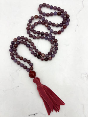 lepidolite gemstone mala necklace with carnelian guru bead and red silk  tassel | radiant malas | handmade in boulder, colorado