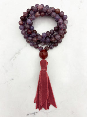 lepidolite gemstone mala necklace with carnelian guru bead and red silk  tassel | radiant malas | handmade in boulder, colorado
