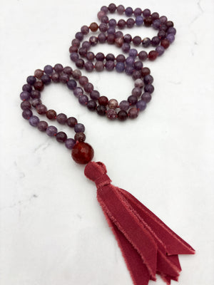 lepidolite gemstone mala necklace with carnelian guru bead and red silk  tassel | radiant malas | handmade in boulder, colorado