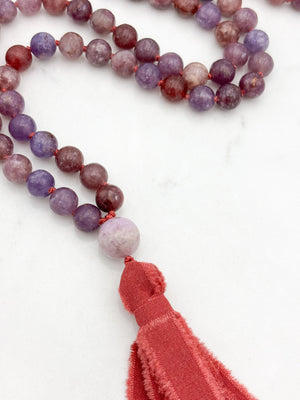 lepidolite gemstone mala necklace with kunzite guru bead and red silk  tassel | radiant malas | handmade in boulder, colorado