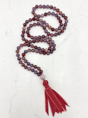 lepidolite gemstone mala necklace with kunzite guru bead and red silk  tassel | radiant malas | handmade in boulder, colorado
