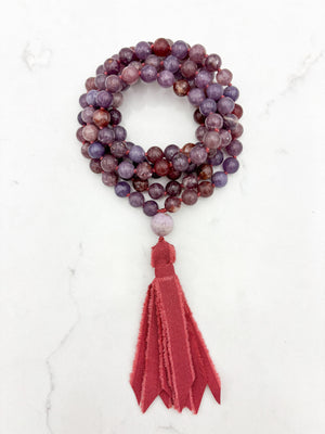 lepidolite gemstone mala necklace with kunzite guru bead and red silk  tassel | radiant malas | handmade in boulder, colorado