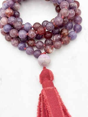 lepidolite gemstone mala necklace with kunzite guru bead and red silk  tassel | radiant malas | handmade in boulder, colorado