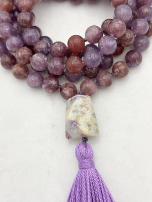 lepidolite gemstone mala necklace with lilac agate guru bead and purple tassel | radiant malas | handmade in boulder, colorado