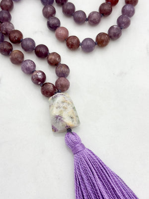 lepidolite gemstone mala necklace with lilac agate guru bead and purple tassel | radiant malas | handmade in boulder, colorado